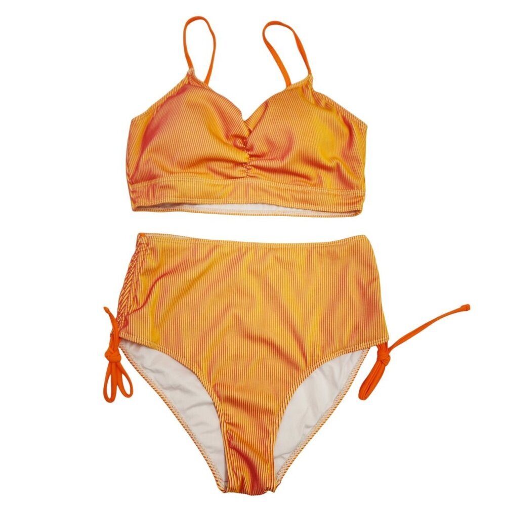 Orange & Yellow Striped High-Waisted Bikini Set Swimsuit Ruched Top Size L